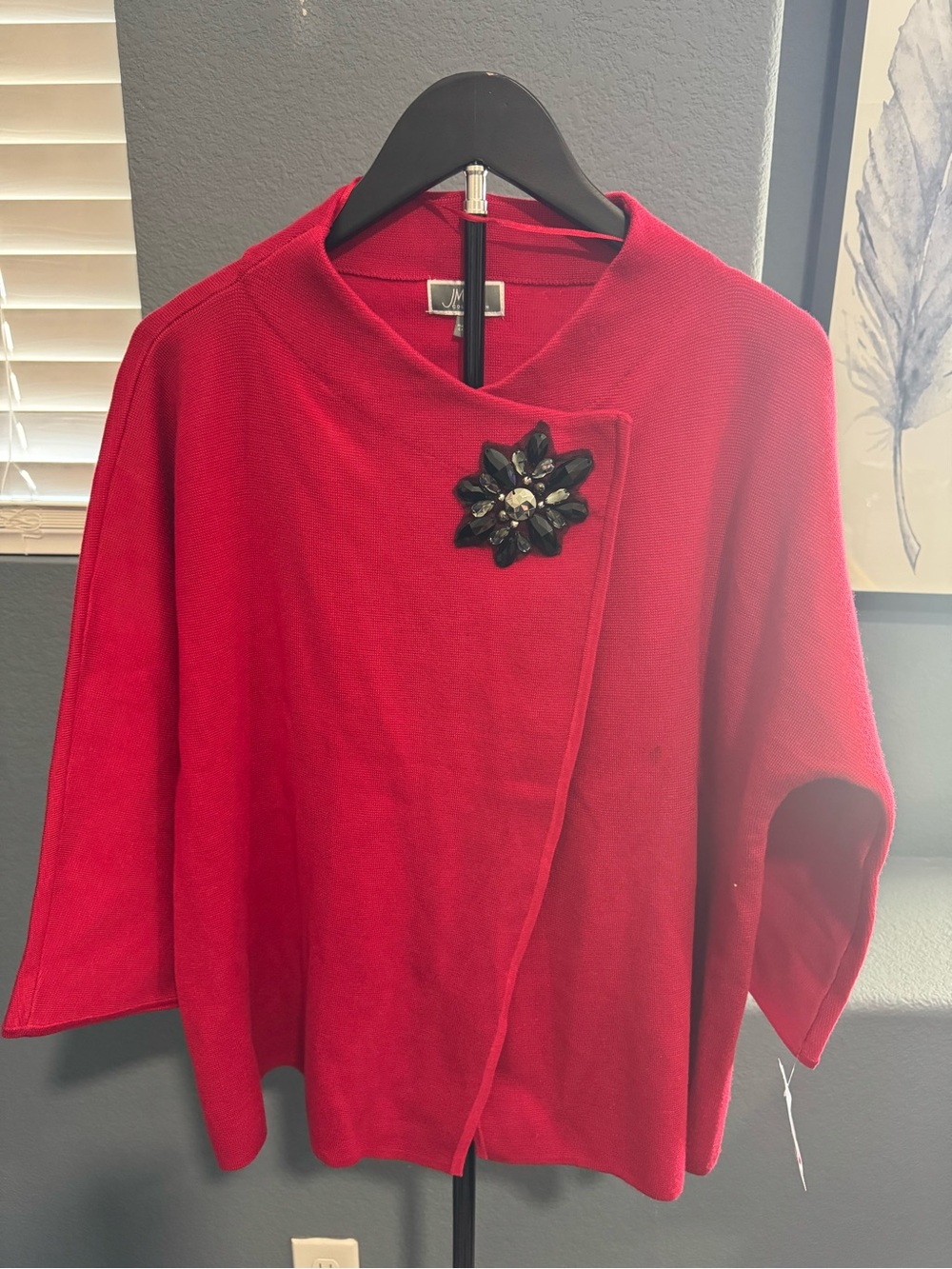 JM Collection Red Open Front Cardigan Sweater Jeweled Flower Brooch